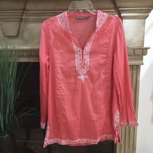 Zara Coral & Orange White Embroidered Peasant long sleeve Top L